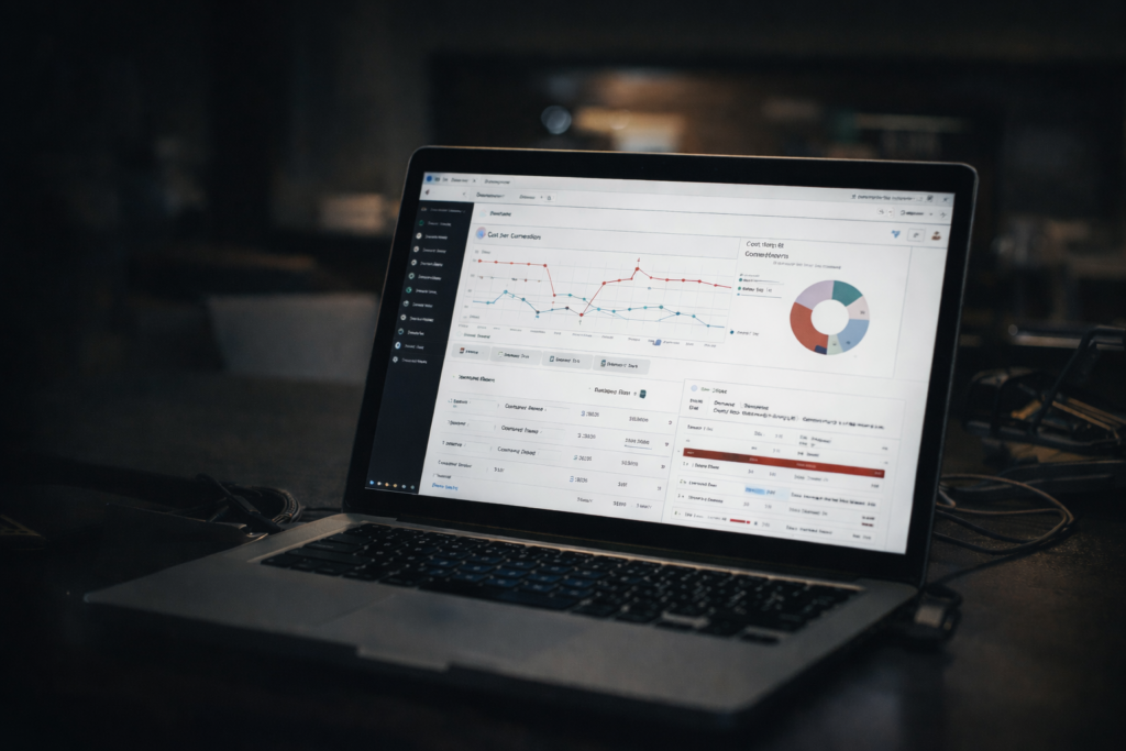 Analýza výkonu online marketingu a PPC kampaní pomocí marketingového dashboardu na notebooku