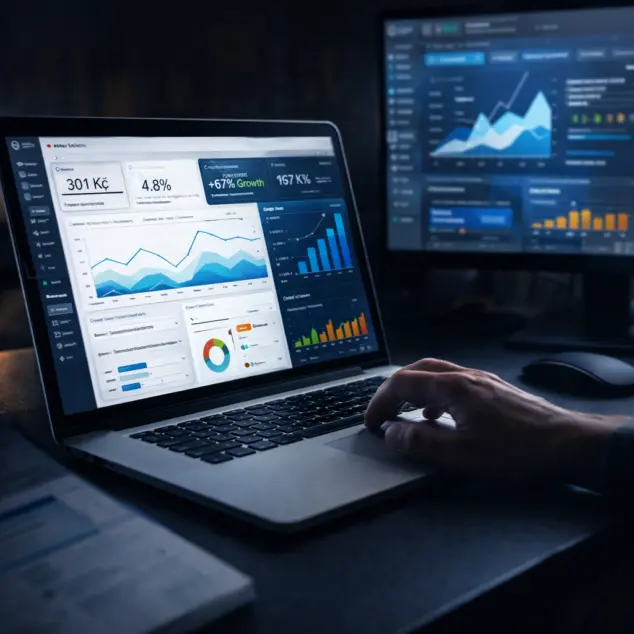 Detailní pohled na analytický dashboard zobrazující výkon PPC kampaní, konverze a klíčové metriky při auditu webu.